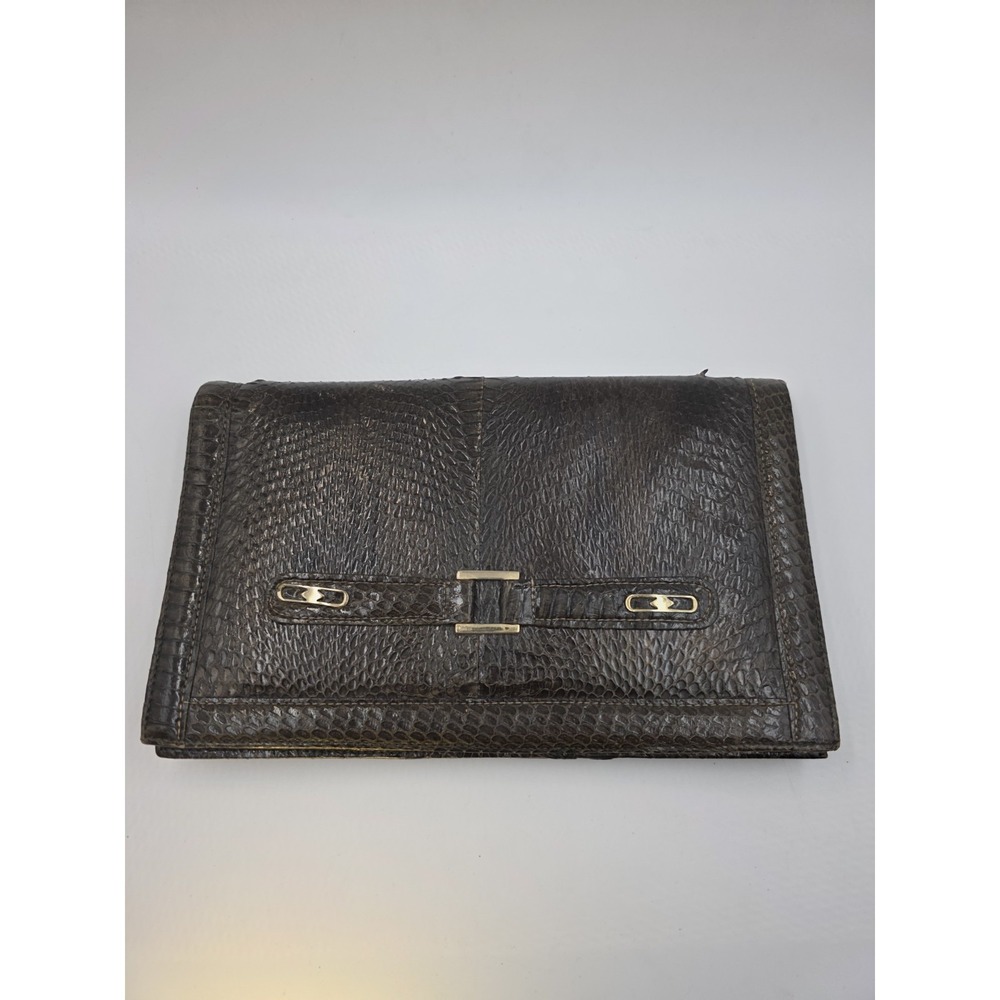 VTG Genuine Snakeskin Clutch Purse 11x6.5 Dark Brown Suede Lined Evening Bag MCM